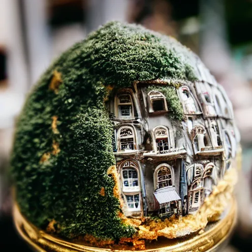 Prompt: macro photo of a miniature secret hidden world with tiny buildings and people inside of a croquembouche