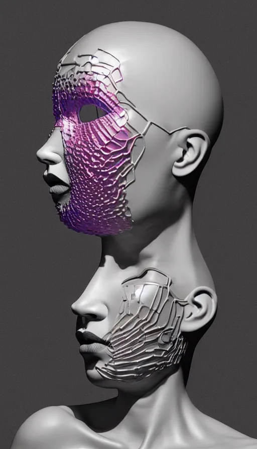 Image similar to a one woman with a futuristic mask on her face, a surrealist sculpture by alexander mcqueen, trending on pinterest, plasticien, biomorphic, made of plastic, a computer rendering by bedwyr williams, featured on zbrush central, holography, multiple exposure, glitch art, glitchy