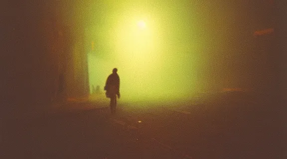 Prompt: c - 4 1 colour negative film photo of vagrant at night volumetric fog
