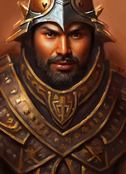 Image similar to smart tai warlord, closeup portrait, beardless, smooth - faced, historical hero, ethnic group, tai costume, bronze headdress, intricate, with leather armor cross on bare chest, elegant, loin cloth, highly detailed, oil painting, artstation, concept art, matte, sharp focus, illustration, hearthstone, art by earl norem