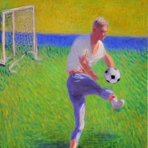 Prompt: monet painting of a skinny blonde man getting hit in the groin with a soccer ball, highly detailed, realistic,