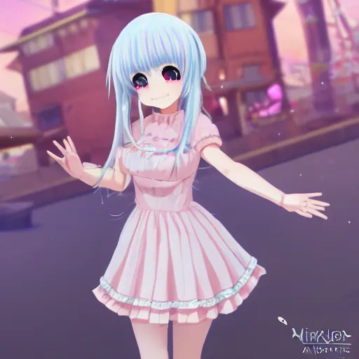 Prompt: Render of Nikki from Shining Nikki Dress-Up Game, a cute 3D anime young woman, long light pink hair, full bangs, full round face, hazel amber eyes, pale skin, cute freckles, light blush, Chinese heritage, smiling softly, wearing casual clothing, interior lighting, cozy home background, medium shot, mid-shot, hyperdetailed, trending on Artstation, Unreal Engine 4k