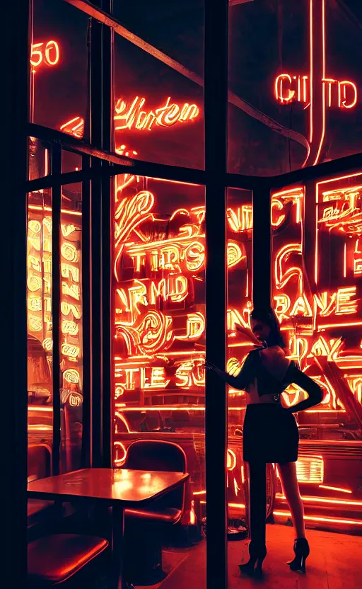 Prompt: vertical portrait of girl in 5 0's retro restaurant interior, neon - decorated urban on night in the city seen through the window, modern interior design, architectural design, vintage, night blade runner, dark, postapocalyptic, clean lines, 4 k, octane, asian futuristic city at distance, big windows, octane, wide angle