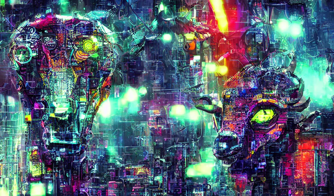 Image similar to complex cyberpunk machine background merged with evil cybernetic goat head in center focus, multicolored digital art