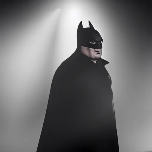 Image similar to from the movie a still of steven seagal as a fat batman, cinematic, studio lighting. god rays through fog. 4 k