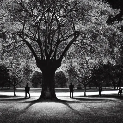 Image similar to a group of people in a park staring up at a gigantic tree, monochromatic, digital art, minimalistic