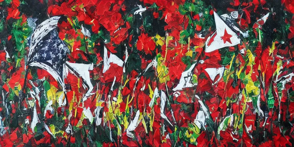 Image similar to dramatic painting of freedom for palestine, red green white black