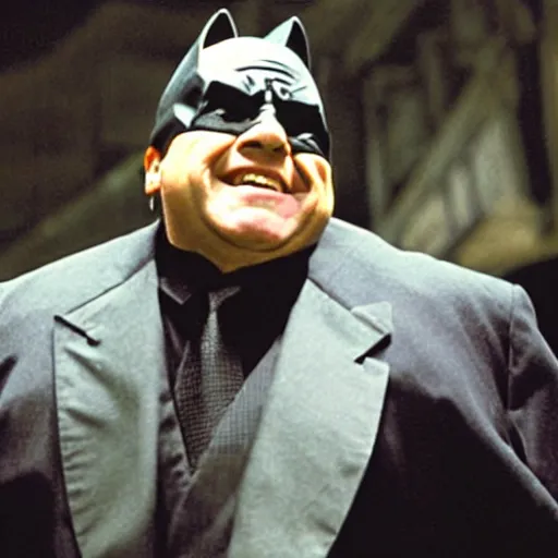 Image similar to A movie still of Danny Devito as Batman in The Dark Knight