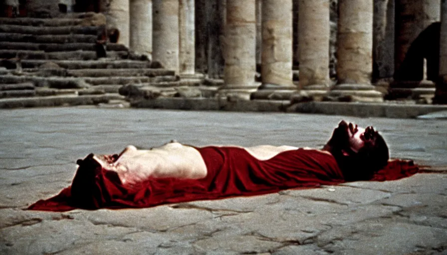 Prompt: 1 9 6 0 s movie still close - up of caligula laying dead on the ancient amphitheater's stairs bloody corpse, cinestill 8 0 0 t 3 5 mm, high quality, heavy grain, high detail, dramatic light, anamorphic