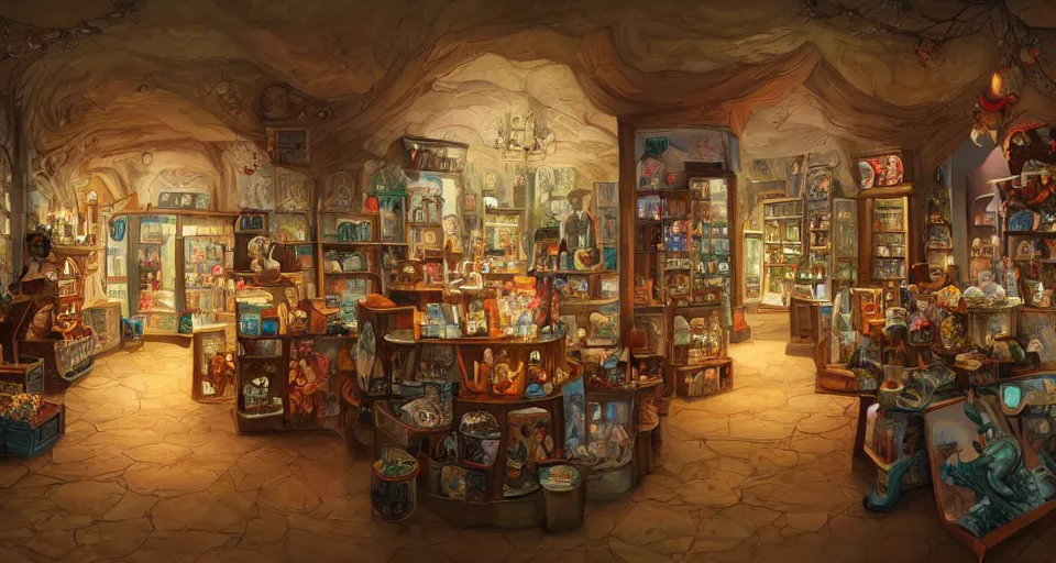 Image similar to A beautiful artwork illustration, a cursed gift shop, featured on artstation, wide angle, horizontal orientation