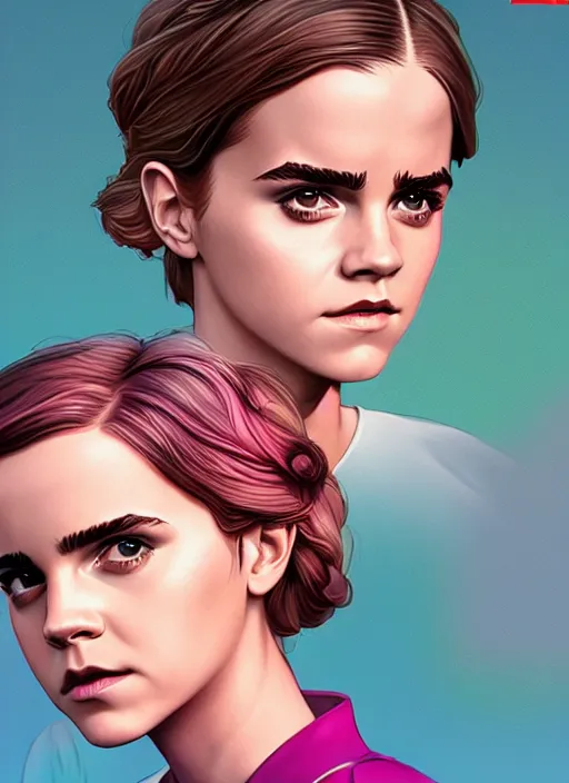 Image similar to poster artwork by Michael Whelan and Tomer Hanuka, Emma Watson and Kiernan Shipka in beauty pageant, clean, Matte painting, trending on artstation and unreal engine