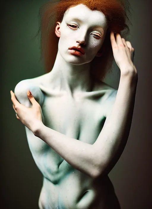 Image similar to cinestill 5 0 d photo portrait of a beautiful hybrid woman in style of tim walker by roberto ferri, weird marble body intricate detailed, hair is intricate style, 5 0 mm lens, f 1. 4, sharp focus, ethereal, emotionally evoking, head in focus, bokeh volumetric lighting, tonal colors outdoor