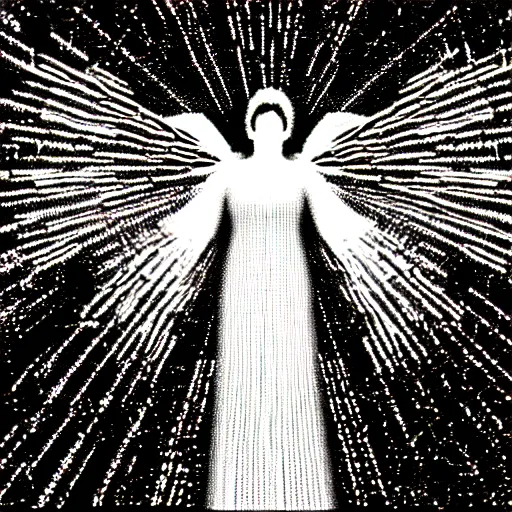 Prompt: vhs static overlay of angel apparition, surrounded by money falling like confetti, vhs, 1 9 9 0, highly realistic, highly detailed, vhs noise static, black and white, vhs glitch