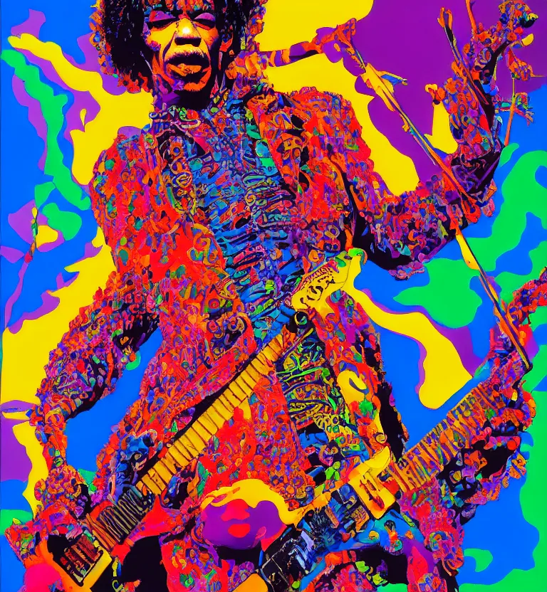 Prompt: colourful biomorphic temple, jimi hendrix full body, by pascal blanche and greg hildebrandt, 8 k