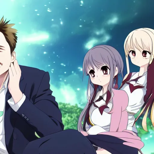 Image similar to anime key visual of Elon musk smugly looking at anime waifus, pixiv