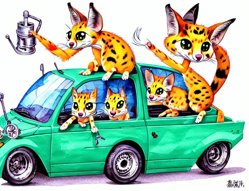 Image similar to cute and funny, serval riding in a tiny hot rod with oversized engine, ratfink style by ed roth, centered award winning watercolor pen illustration, isometric illustration by chihiro iwasaki, edited by range murata, tiny details by artgerm and watercolor girl, symmetrically isometrically centered