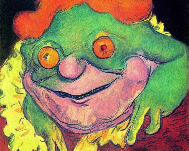 Image similar to The Clown Frog King welcomes you Clown World, painting by Henri de Toulouse-Lautrec, clown frog king in clown makeup and rainbow wig, chaotic