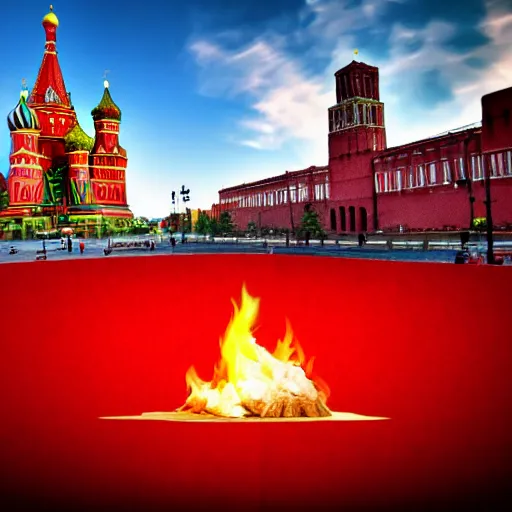 Image similar to high quality photo of Red Square with flames and mushroom cloud on background, highly detailed, 8k, professional