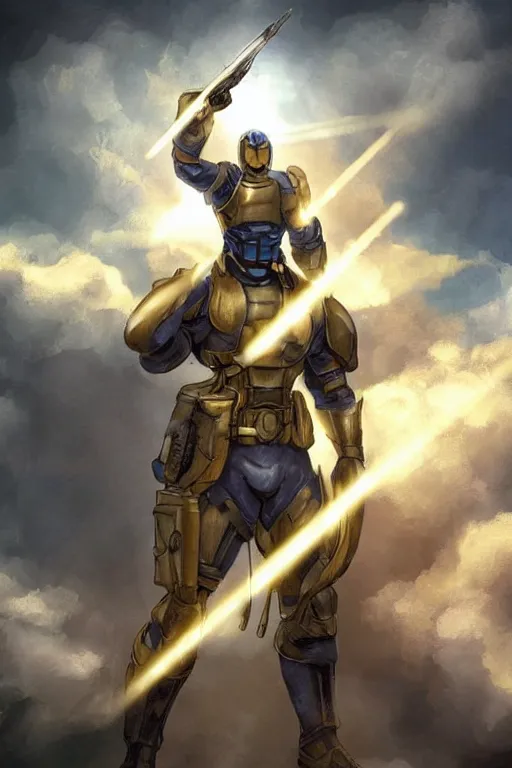 Image similar to a full body shot from distance of a super soldier with a Ukrainian yellow and blue flag standing in the beam of light from the clouds in a triumph after battle, western, masculine figure, D&D, fantasy, intricate, elegant, highly detailed, digital painting, artstation, concept art, matte, sharp focus, symmetrical, illustration, art by Artgerm and Greg Rutkowski and Alphonse Mucha