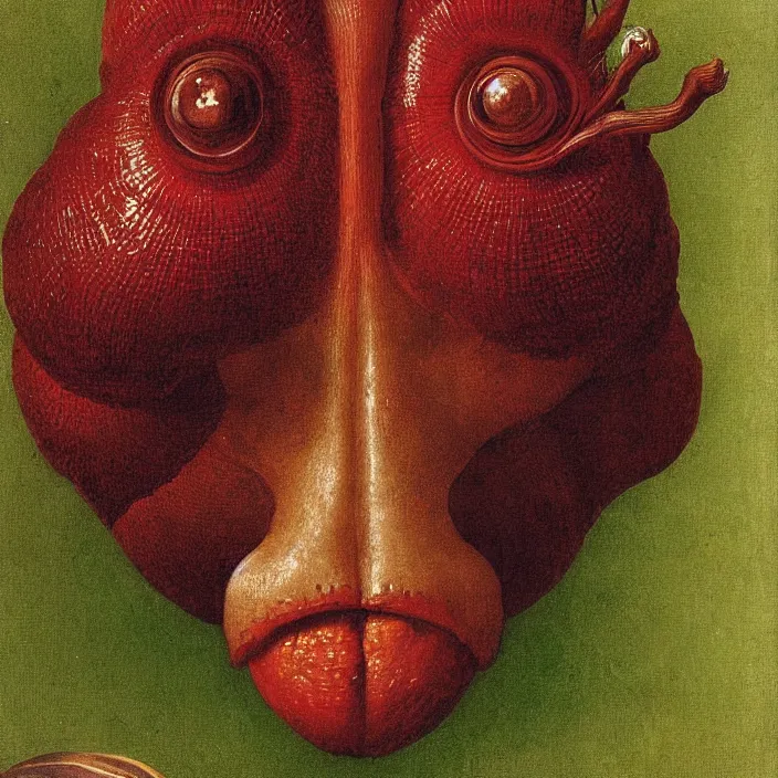 Prompt: close up portrait of a mutant monster creature with face in the shape of a colorful exotic dark red carnivorous plant, snail - like protruding eyes. by jan van eyck, audubon