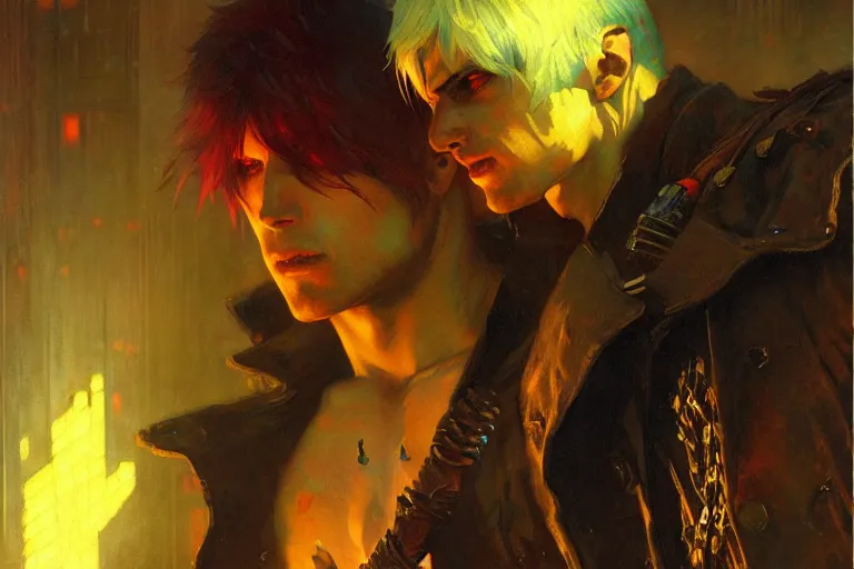 Image similar to winter, attractive male, devil may cry game neon light, cyberpunk, painting by gaston bussiere, craig mullins, j. c. leyendecker