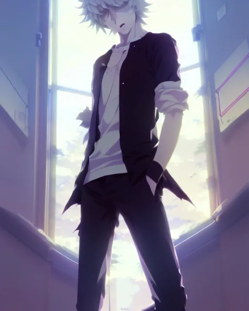 Image similar to extremely attractive soft feminine male anime character screenshot, nagito komaeda, anime, intricate, sharp focus, illustration, highly detailed, digital painting, cell shaded, concept art, matte, art by ilya kuvshinov and kyoto animation and wlop, ruan jia and greg rutkowski, studio quality, masterpiece