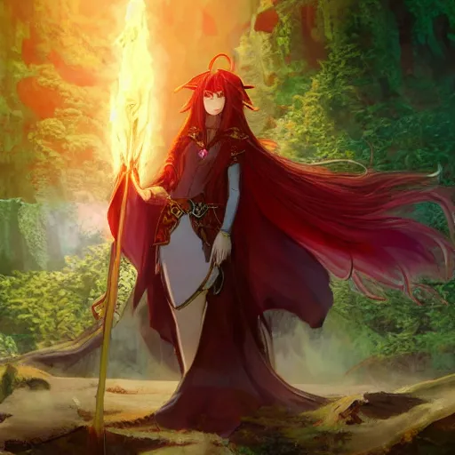 Prompt: an elven priestess with red long hair in a very good beautiful heavy scale armor, wearing a cape, casting a fire spell, dungeon background, magical, bright, colorful, fantastic lighting, amazing details, 4 k uhd, illustration by hayao miyazaki and makoto shinkai and ilya kuvshinov, artstation, pixiv,