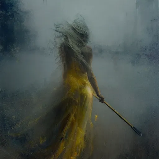 Image similar to painting of a beautiful surreal Harpey clutching a staff of luminous gold, veiled by mist, treading on a cloud, by Jeremy Mann and Jason Jenicke, detailed, stylized, loose brush strokes, intricate, realistic, exaggerated lighting, sense of scale, ferocious, sensual
