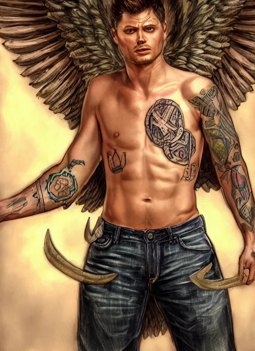 Image similar to Portrait of Dean Winchester as an angel warrior , angelical runes tattoed all over his body, intricate body, whole body, highly detailed, digital painting, artstation, concept art, smooth, sharp focus, illustration, art by Hajime Sorayama