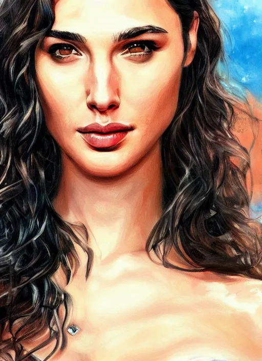 Image similar to a beautiful painting of Gal Gadot , very detailed, 4K, epic , trending on artstation, hd, masterpiece