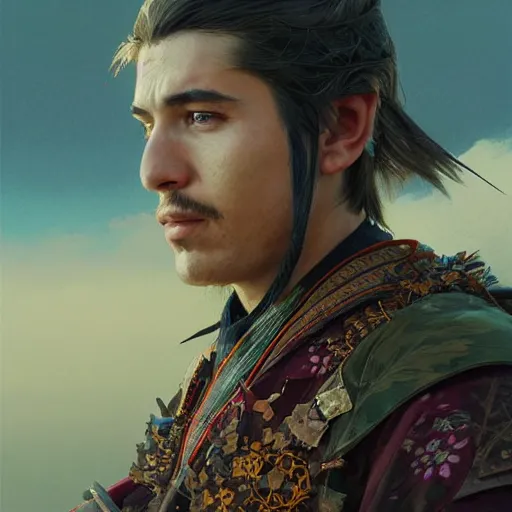 Image similar to Highly detailed portrait of Kurdish samurai, Stephen Bliss, unreal engine, fantasy art by Greg Rutkowski, Loish, Rhads, ferdinand knab, Makoto Shinkai and Lois van baarle, ilya kuvshinov, rossdraws, Tom Bagshaw, alphonse mucha, global illumination, radiant light, detailed and intricate environment, highly detailed, award winning art