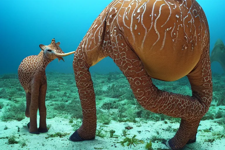 Prompt: underwater photo hibrid tentacle shaped legs jiraffe by national geographic