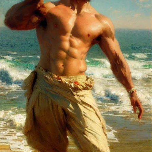 Prompt: detailed cinematic wide shot of muscular attractive young man beard slim face symettrical face clean skin blue eyes white hair wearing sea clothes, ultra realistic, spring light, painting by gaston bussiere, craig mullins, j. c. leyendecker