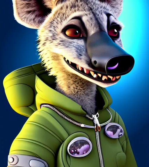 Image similar to digital detailed portrait of anthromorphic female hyena, in style of zootopia, fursona, furry, furaffinity, 4 k, deviantart, wearing astronaut outfit, in style of disney zootopia, floating in space, space background, in deep space, dark background, hyena fursona, cyberpunk, female, detailed face,