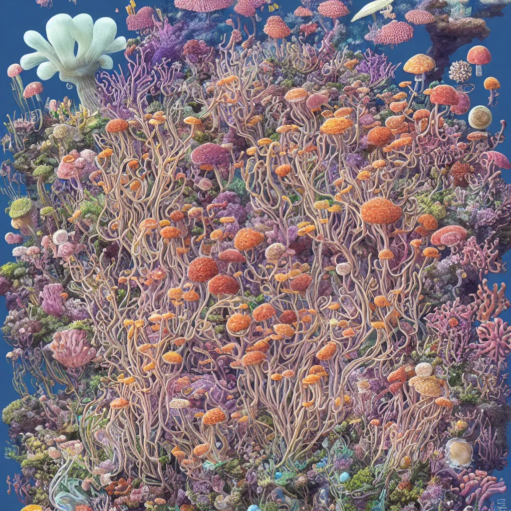 Image similar to highly detailed illustration of all the known species of plants, flowers, corals, mushrooms and jellyfish by juan gatti, by makoto shinkai, by moebius!, by oliver vernon