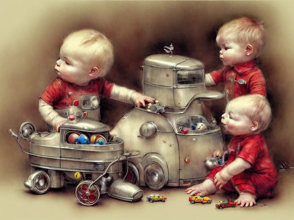 Image similar to toddler ( ( ( ( ( 2 0 2 2 retro future living room. muted colors. toys laying around ) ) ) ) ) by jean baptiste monge, chrome red, chrome silver