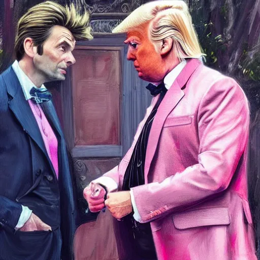 Image similar to david tennant and donald trump in pink clothes with the tenth doctor who, highly detailed, artstation, concept art, fantasy, smooth, sharp focus, illustration, perfect face, art by nikolay makovsky, jacek malczewski, arthur hughes, edward okun, franz xaver winterhalter