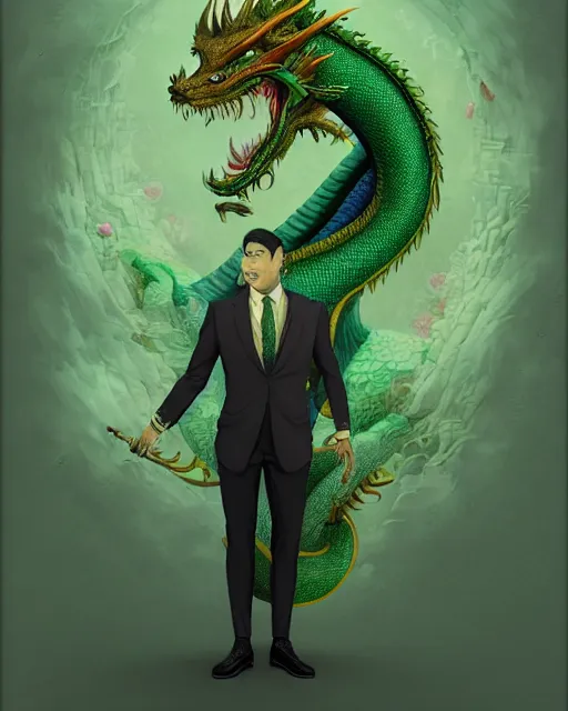 Image similar to anthropomorphic art of a businessman dragon, green dragon, portrait, regency inspired clothing by artgerm, victo ngai, ryohei hase, artstation. fractal papers, newspaper. stock certificate, highly detailed digital painting, smooth, global illumination, fantasy art, jc leyendecker