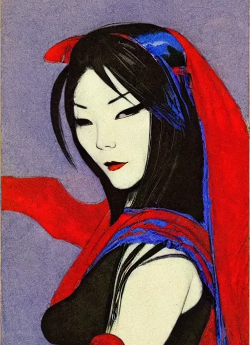 Prompt: portrait of muscular korean vampiress, jeweled veil, blue and red, strong line, saturated color, beautiful! coherent! by frank frazetta, high contrast, minimalism