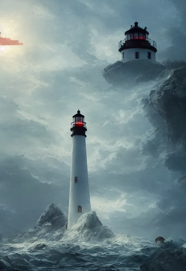 Prompt: a beautiful picture of a Maine Lighthouse surrounded by a giant Sea creature by Greg Rutkowski and David Mack and Matteo Scalera and Moreno Dinisio, trending on Artstation