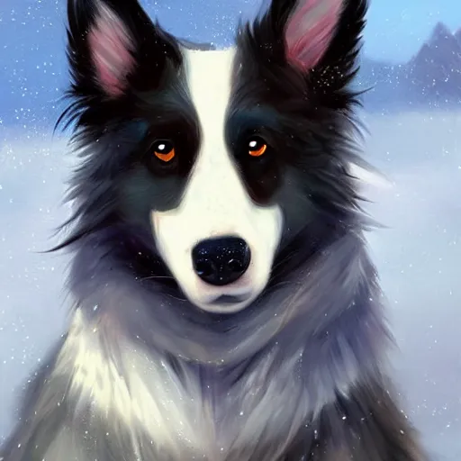 Image similar to beautiful portrait of a cute male anthropomorphic border collie fursona wearing a blue cowboy outfit in a tundra. character design by charlie bowater, henry asencio, and ross tran. scenic background, detailed, glamor pose, aesthetic, trending on artstation, top rated on furaffinity and deviantart