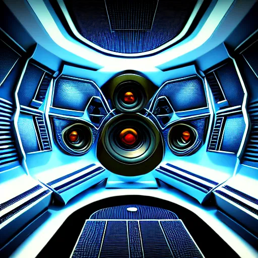 Image similar to sound system futuristic design, close to the camera, ultra realistic, spaceship design, fractal texture, mandelbulb