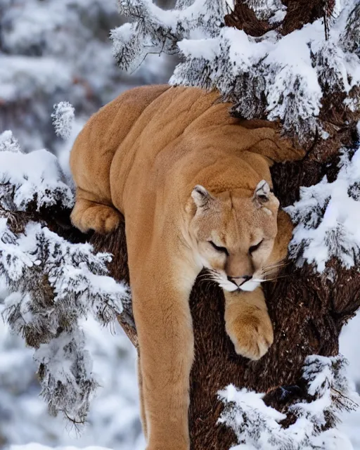 Image similar to hard cover book showing 'a cougar sleeping in the middle of snowy pine tree' laying on coffee table, zoomed out, HD, iphone screenshot