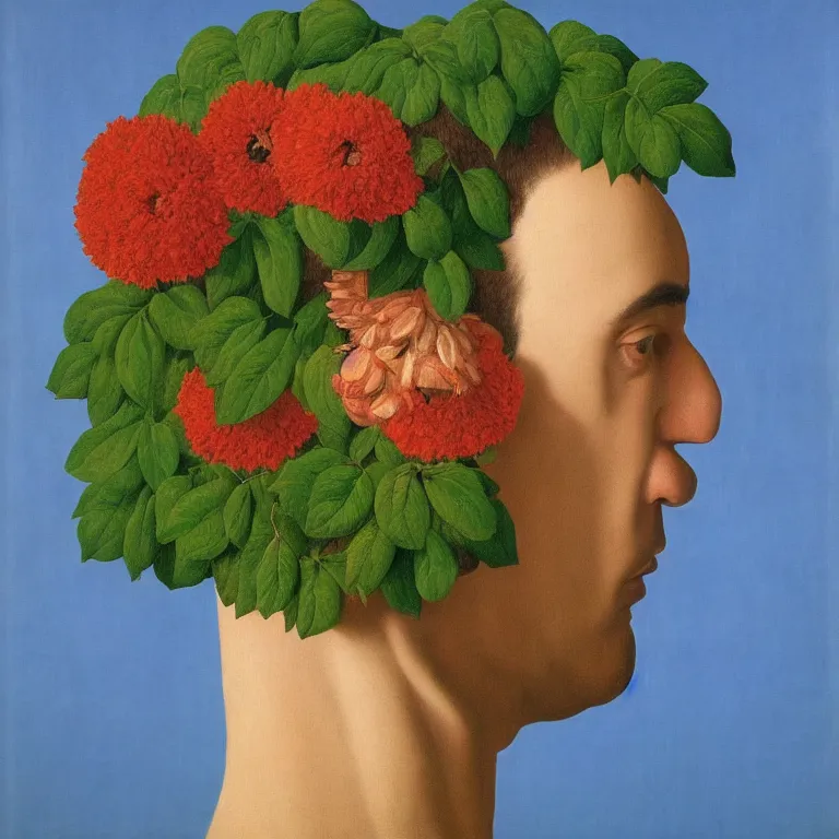 Image similar to portrait of a man, beautiful flowers are growing as his head, by rene magritte, detailed painting, hd, hq, high resolution, high detail, 4 k, 8 k