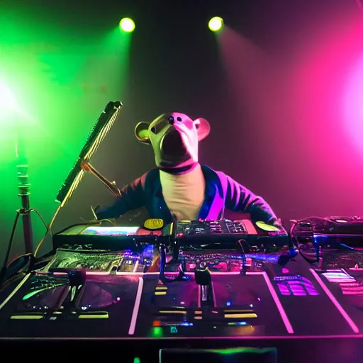 Prompt: A humanoid platypus performing a DJ set in a nightclub, underground magazine, indie culture, bright lights, crowded