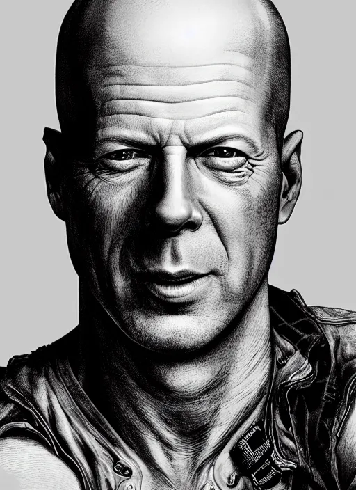 Image similar to highly detailed ink illustration of bruce willis, unreal engine, octane render, b & w clean shaped illustration by kim jung gi, ron english and eiichiro oda