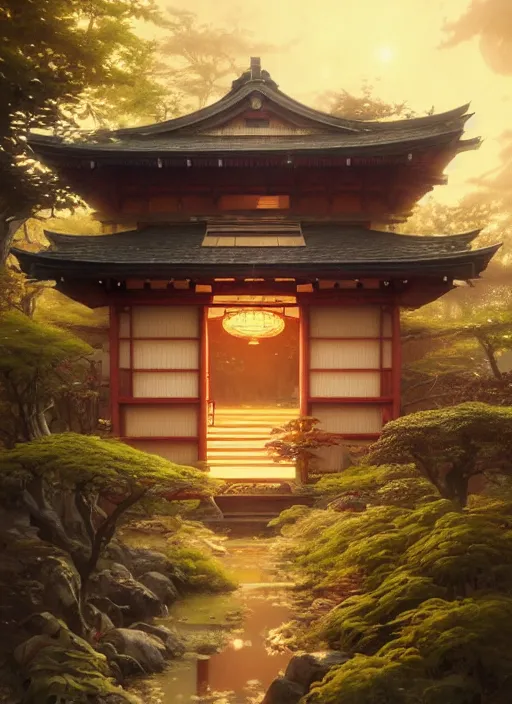 Image similar to Highly detailed small japanese house, Stephen Bliss, unreal engine, fantasy art by Greg Rutkowski, Loish, Rhads, ferdinand knab, Makoto Shinkai and Lois van baarle, ilya kuvshinov, rossdraws, Tom Bagshaw, alphonse mucha, global illumination, radiant light, detailed and intricate environment