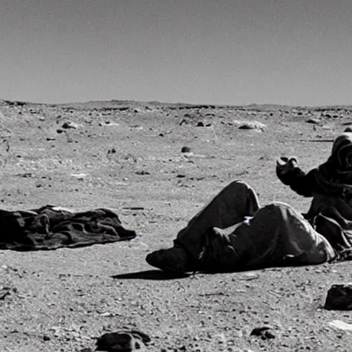 Prompt: a film still of 'Interplanetary Homeless Bum on Planet Mars' (2012)