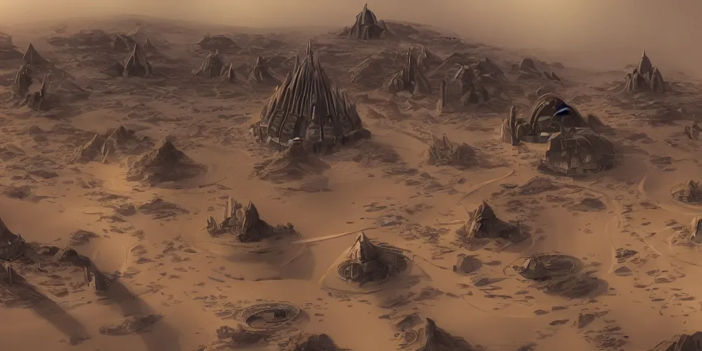 Image similar to dune city and temples of arrakis, arrakeen, from frank herbert novels, composition idea concept art for movies, style of denis villeneuve and greg fraiser