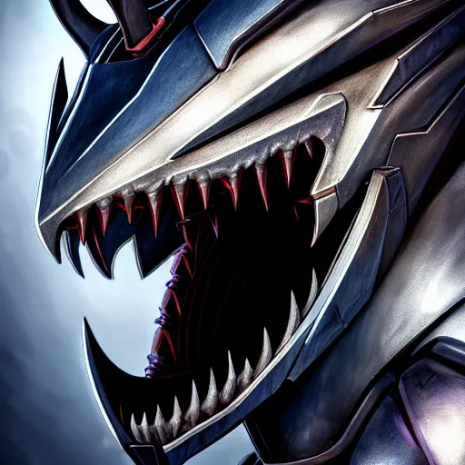 Image similar to high quality close up headshot of a cute beautiful stunning robot anthropomorphic female dragon, with sleek silver armor, a black OLED visor over the eyes, looking at the camera, maw open and about to eat you, you being dragon food, the open maw being detailed and soft, highly detailed digital art, furry art, anthro art, sci fi, warframe art, destiny art, high quality, 3D realistic, dragon mawshot, dragon art, Furaffinity, Deviantart
